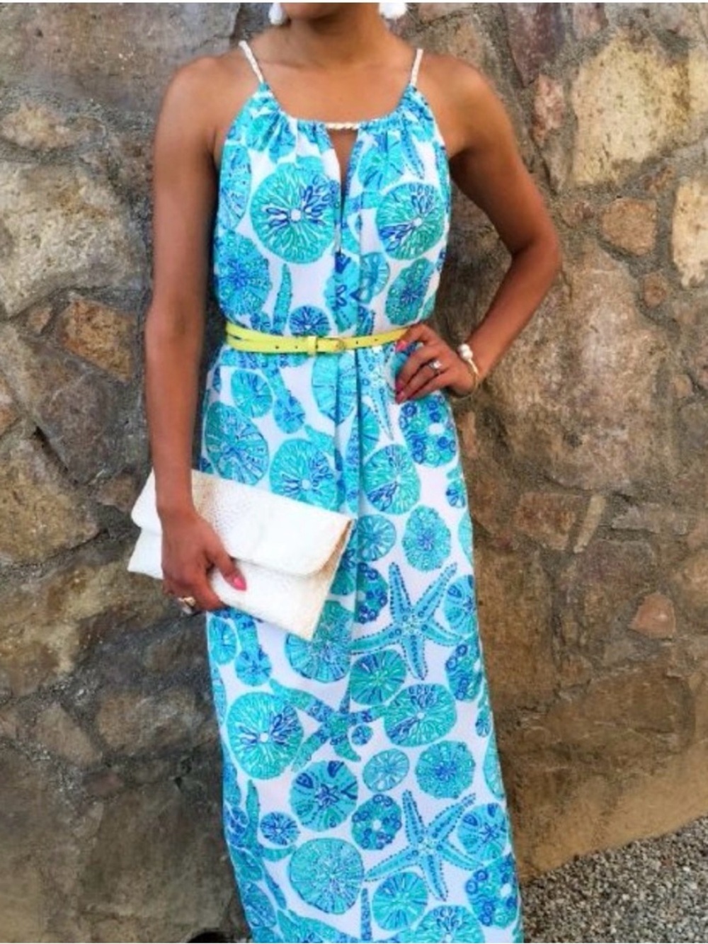Lilly Pulitzer Blue Green Shell Print Maxi Dress XS Lined Sleeveless Resort - Picture 2 of 6